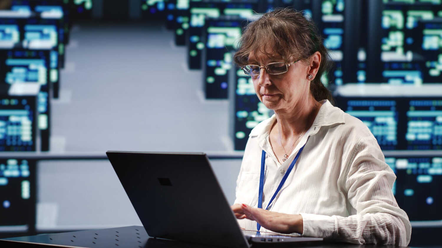 Cyber security analyst sat at desk looking at laptop